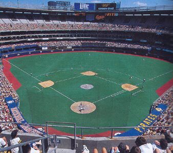 View of the baseball diamond from the upper level at Three Rivers Stadium. 