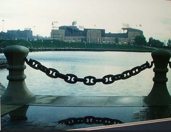 An exterior photo of Cleveland Municipal Stadium from Lake Erie.  