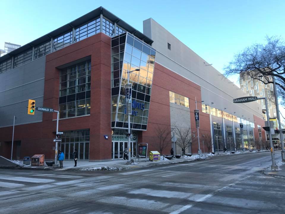 Exterior photo of Bell MTS Place. Home of the Winnipeg Jets.