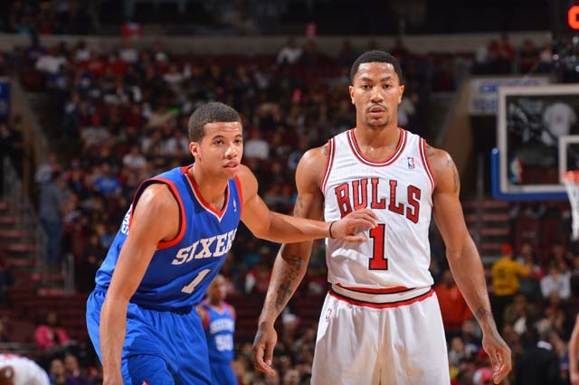 Action photo of the Chicago Bulls versus the Philadelphia 76ers.