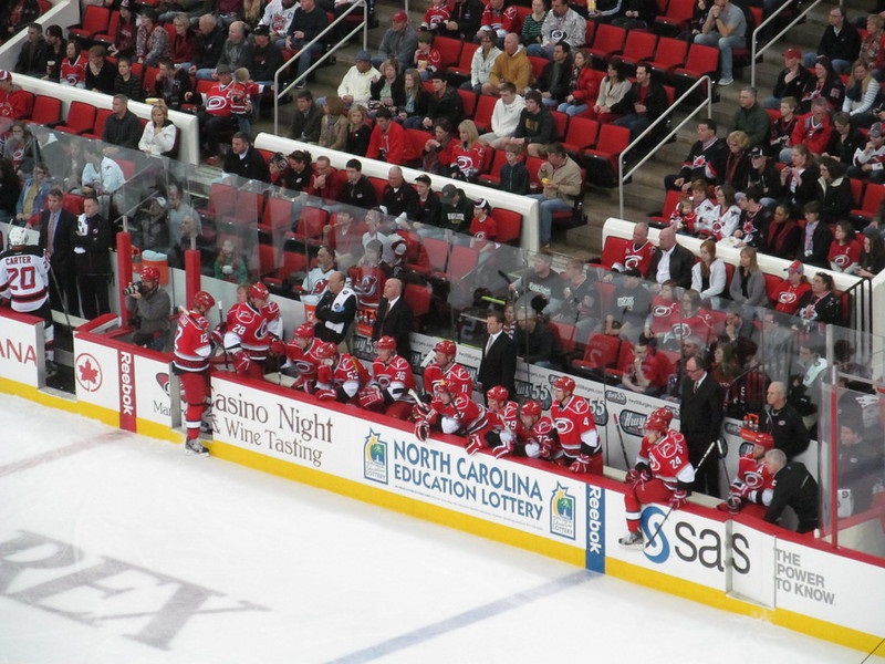 Photo of the Carolina Hurricanes' bench at PNC Arena. 