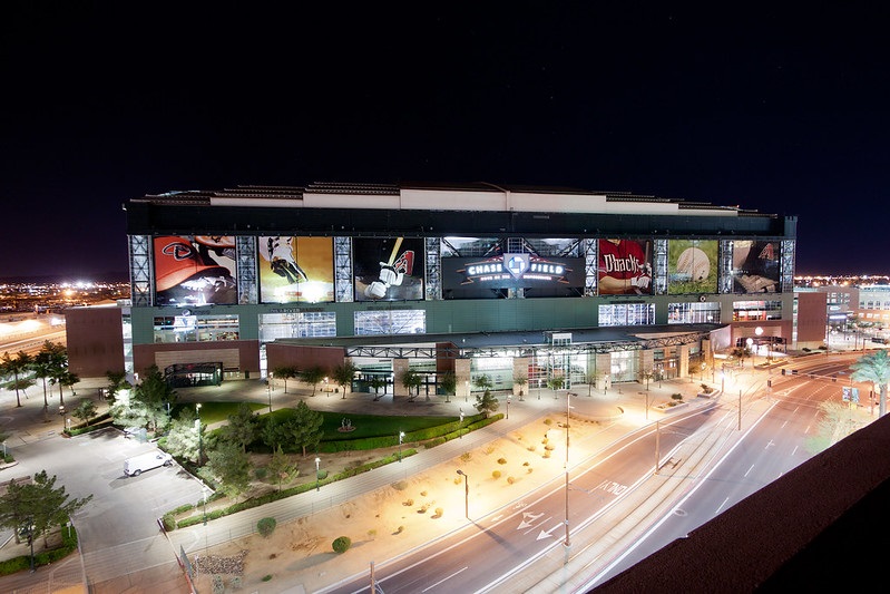 Exterior photo of Chase Field at night. Home of the Arizona Diamondbacks.