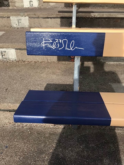 Photo of the blue Kirk Gibson seat at Dodger Stadium. Home of the Los Angeles Dodgers.