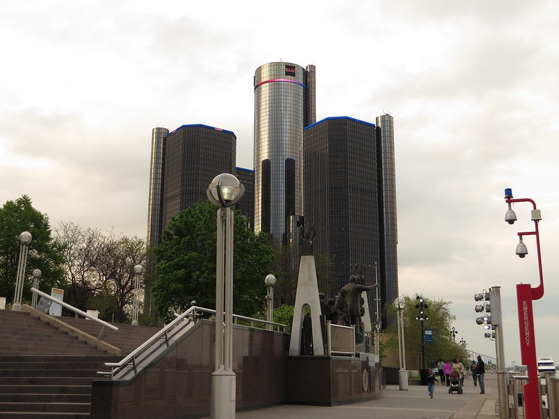 Photo of the Renaissance Center in downtown Detroit, Michigan.