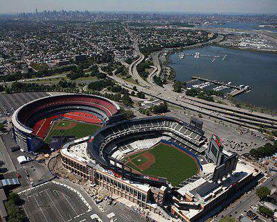 Aerial photo of Citi Field and Shea Stadium.