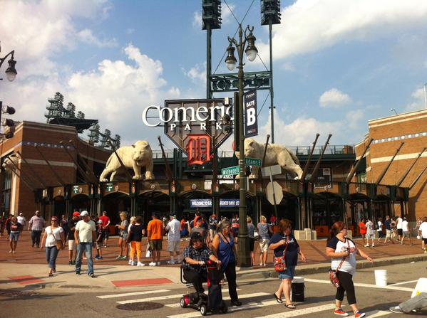 Exterior photo of Comerica Park's main entrance.